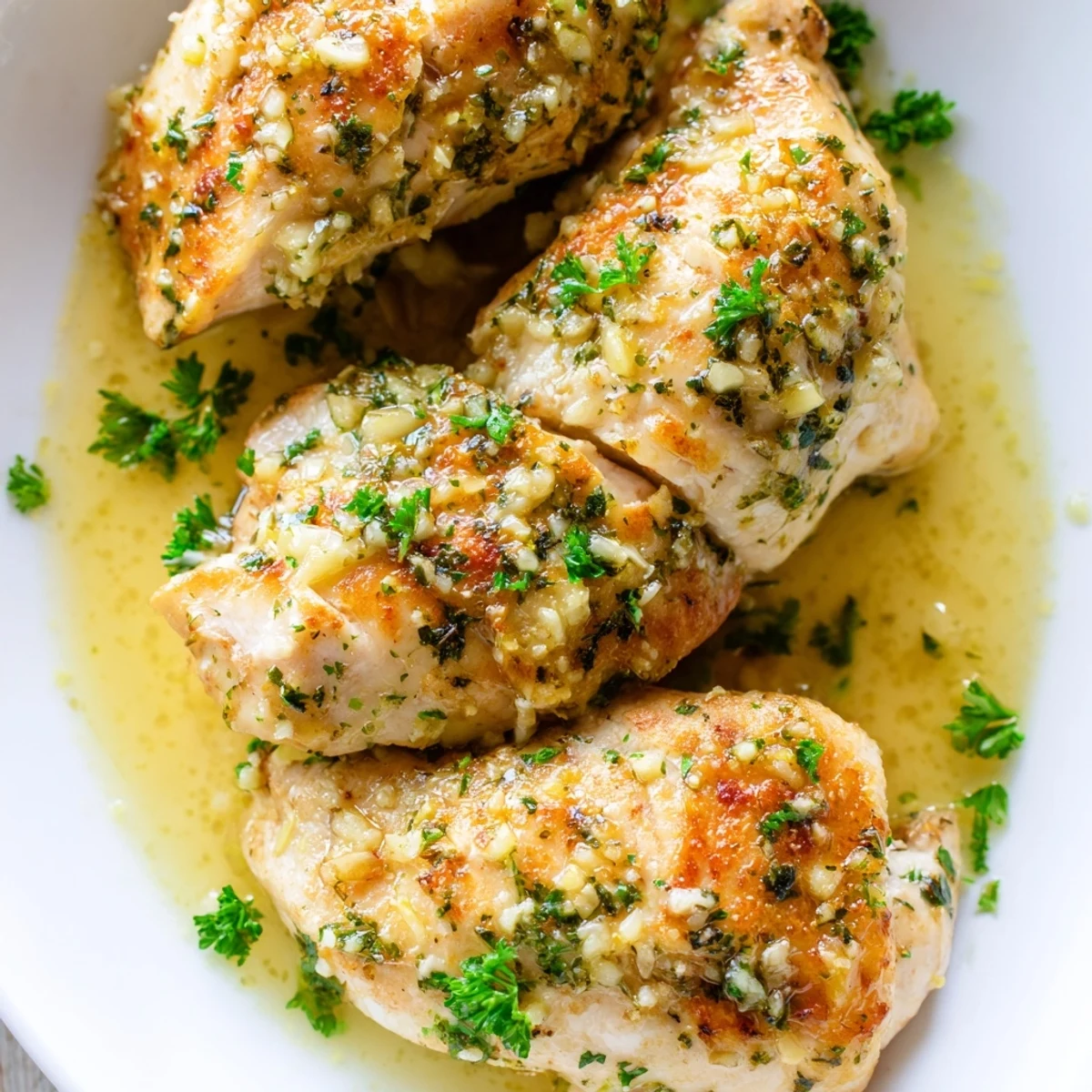 Juicy garlic butter baked chicken breast sliced open revealing tender meat with fresh parsley