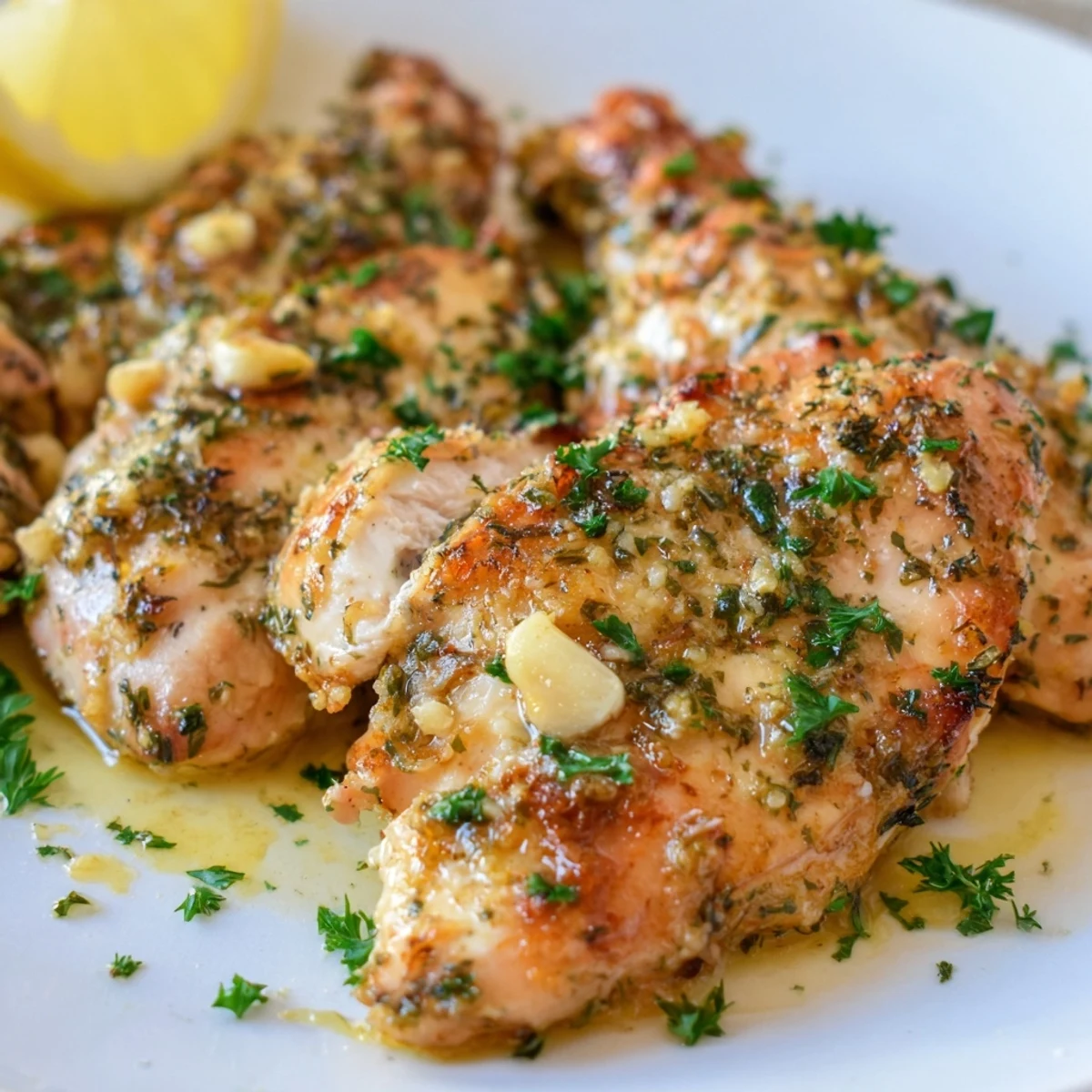 Creamy garlic butter baked chicken breast served with roasted vegetables and a bright lemon wedge