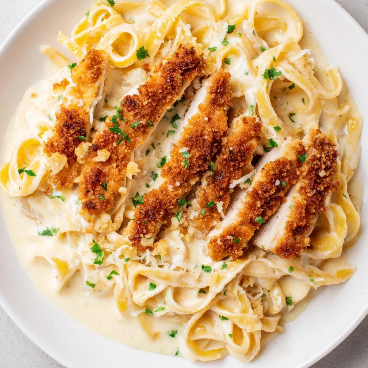 Creamy crispy chicken Alfredo served in a white bowl with fresh parsley garnish