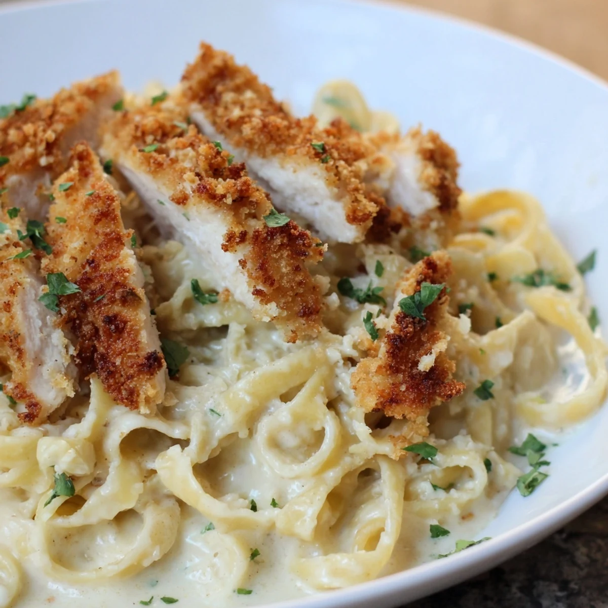 Crispy chicken Alfredo with tender breaded cutlets resting on rich velvety Parmesan sauce