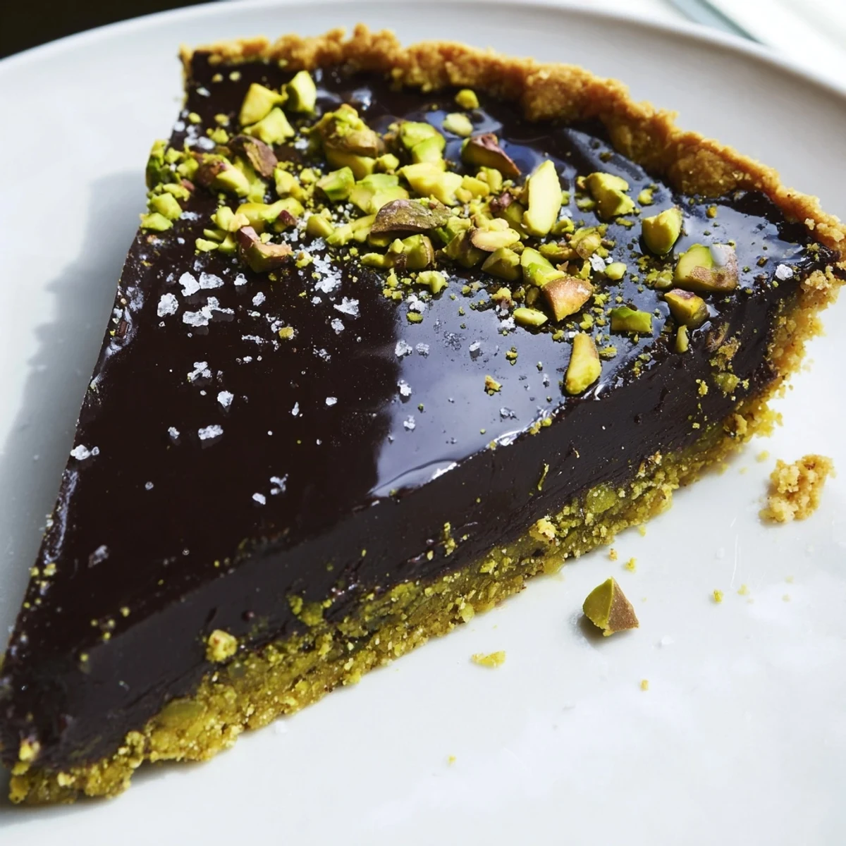 Dark Chocolate Pistachio Tart with glossy ganache topped with crushed green pistachios