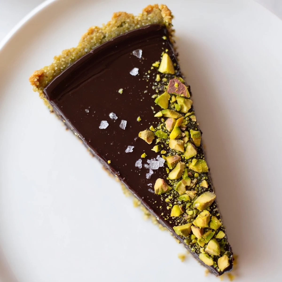 Dark Chocolate Pistachio Tart filling dusted with sea salt and chopped nuts