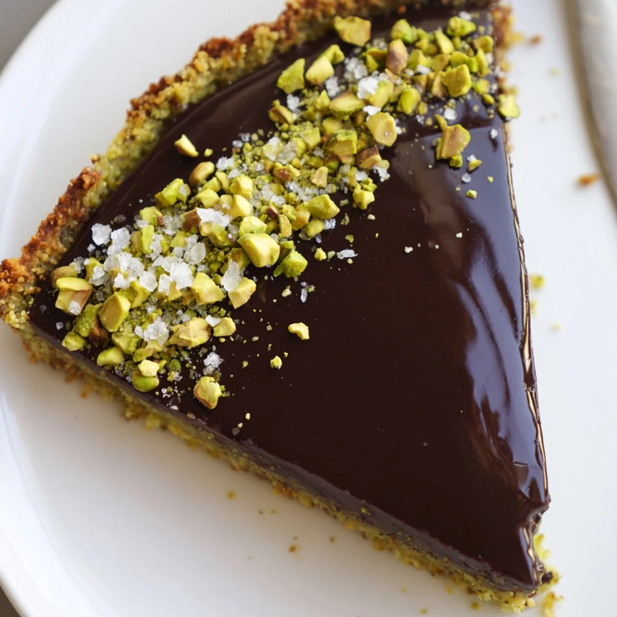 Silky dark chocolate pistachio tart sliced and plated on a rustic ceramic dish