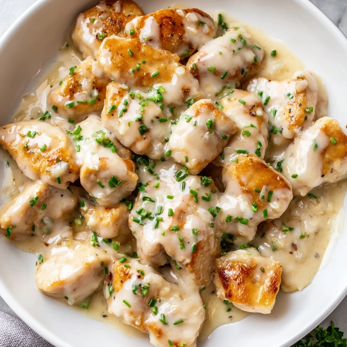 Golden seared cream cheese chicken nestled in a rich, bubbling herb cream sauce