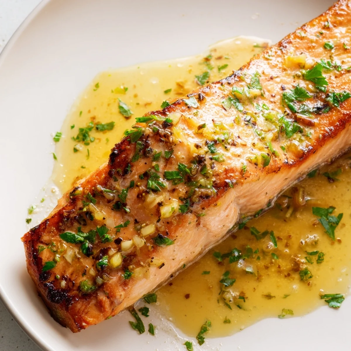 Golden garlic butter salmon fillets glistening in a rich lemon herb pan sauce