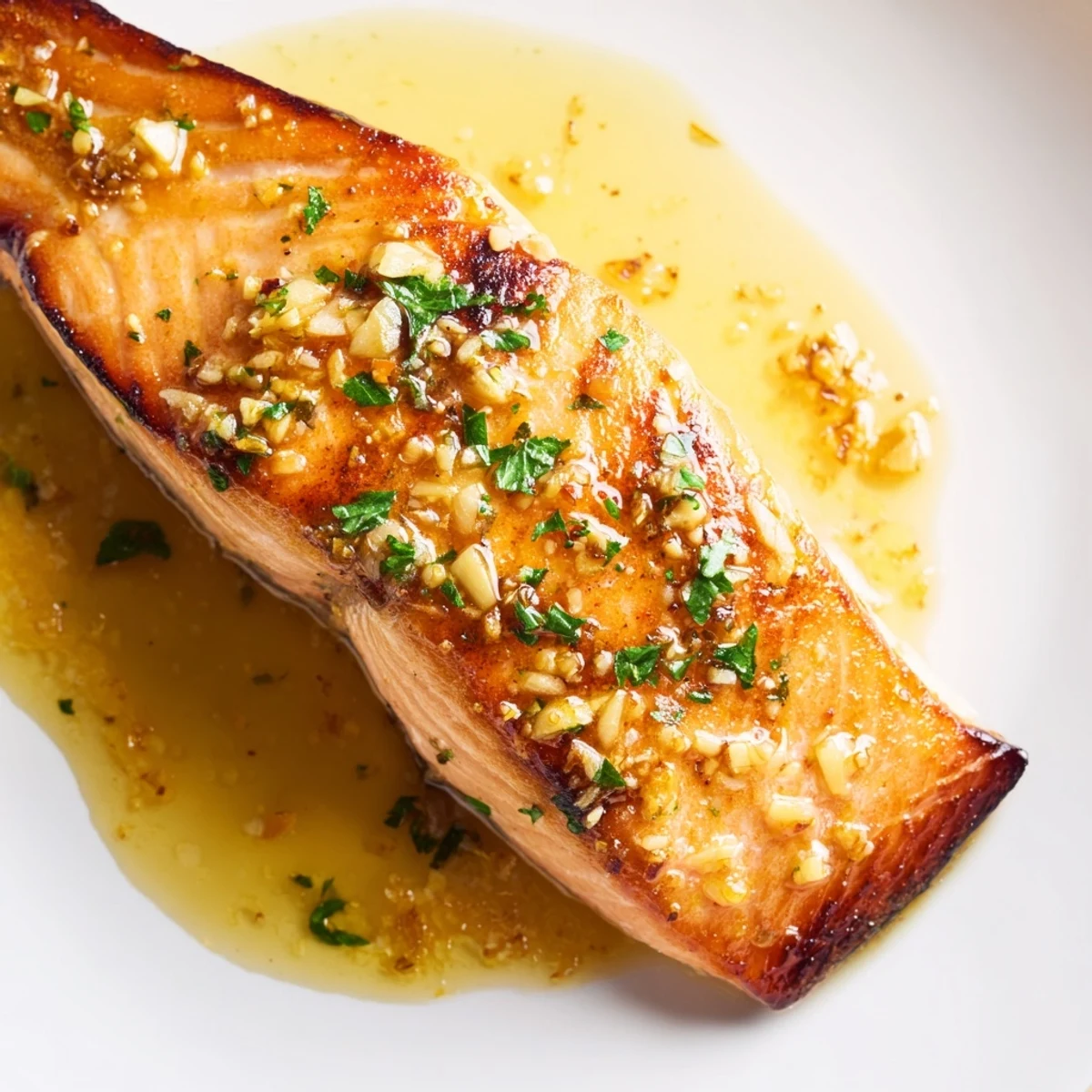 Crispy seared garlic butter salmon drizzled with melted sauce and fresh parsley