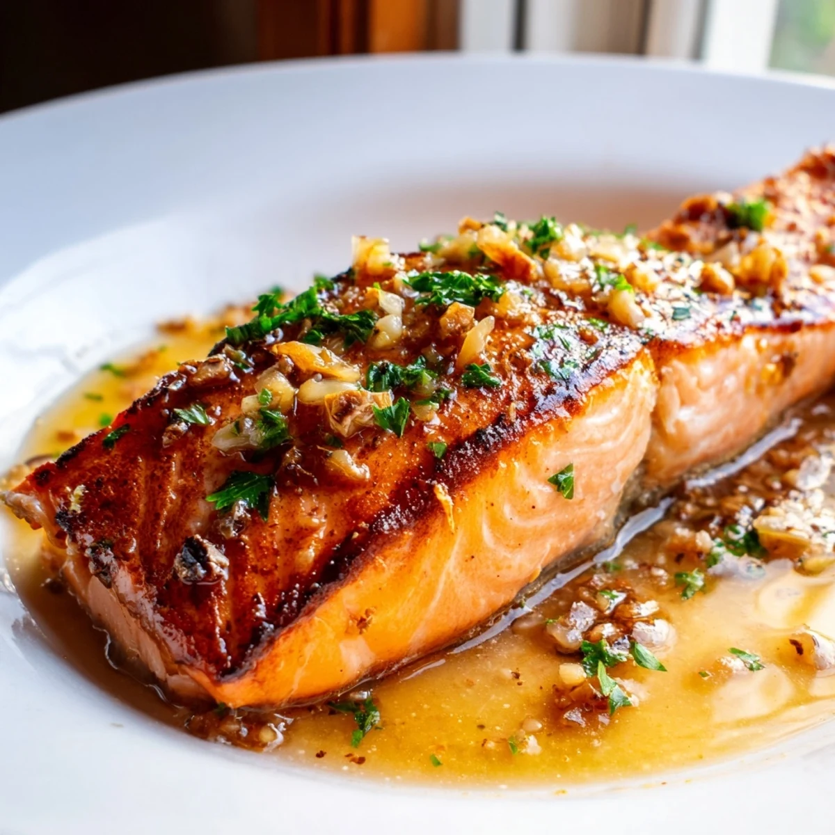 Perfectly cooked garlic butter salmon nestled in a skillet with bright lemon wedges