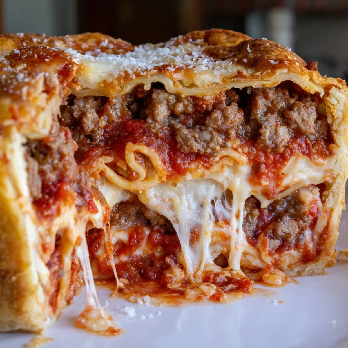 Golden cheesy lasagna pie with gooey layers, bubbling meat sauce, and molten mozzarella