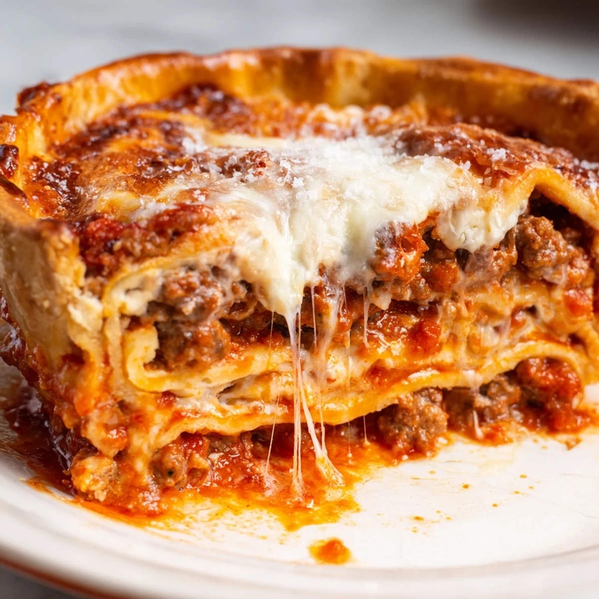 Sliced cheesy lasagna pie revealing tender noodles, rich meat sauce, and creamy ricotta