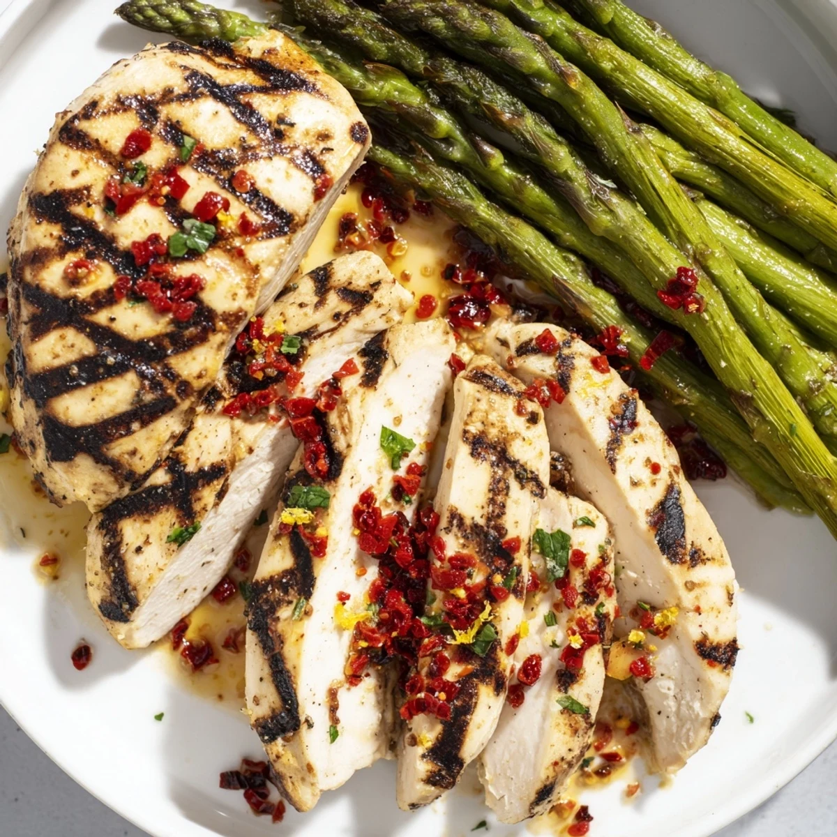 Juicy grilled asparagus chicken drizzled with vibrant Calabrian chili sauce on a plate