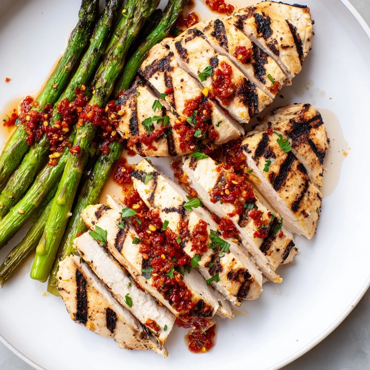 Golden grilled chicken breasts served alongside charred asparagus with bold Calabrian chili sauce