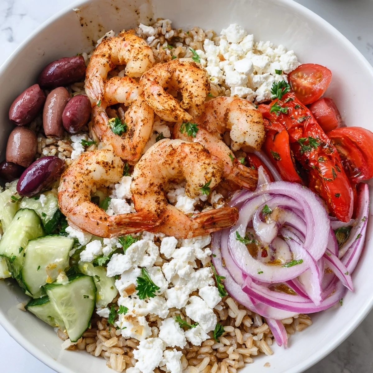 Golden seared shrimp nestled over fresh vegetables and grains in a Greek Shrimp Mediterranean Bowl