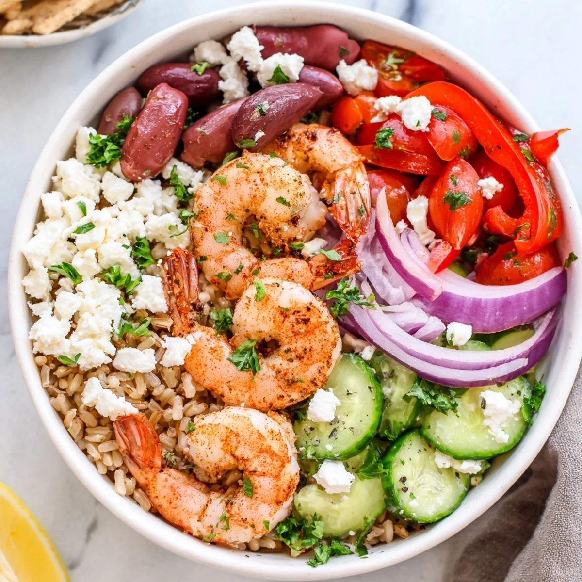 Tender herb-marinated shrimp with crumbled feta and olives in a colorful Greek Shrimp Mediterranean Bowl