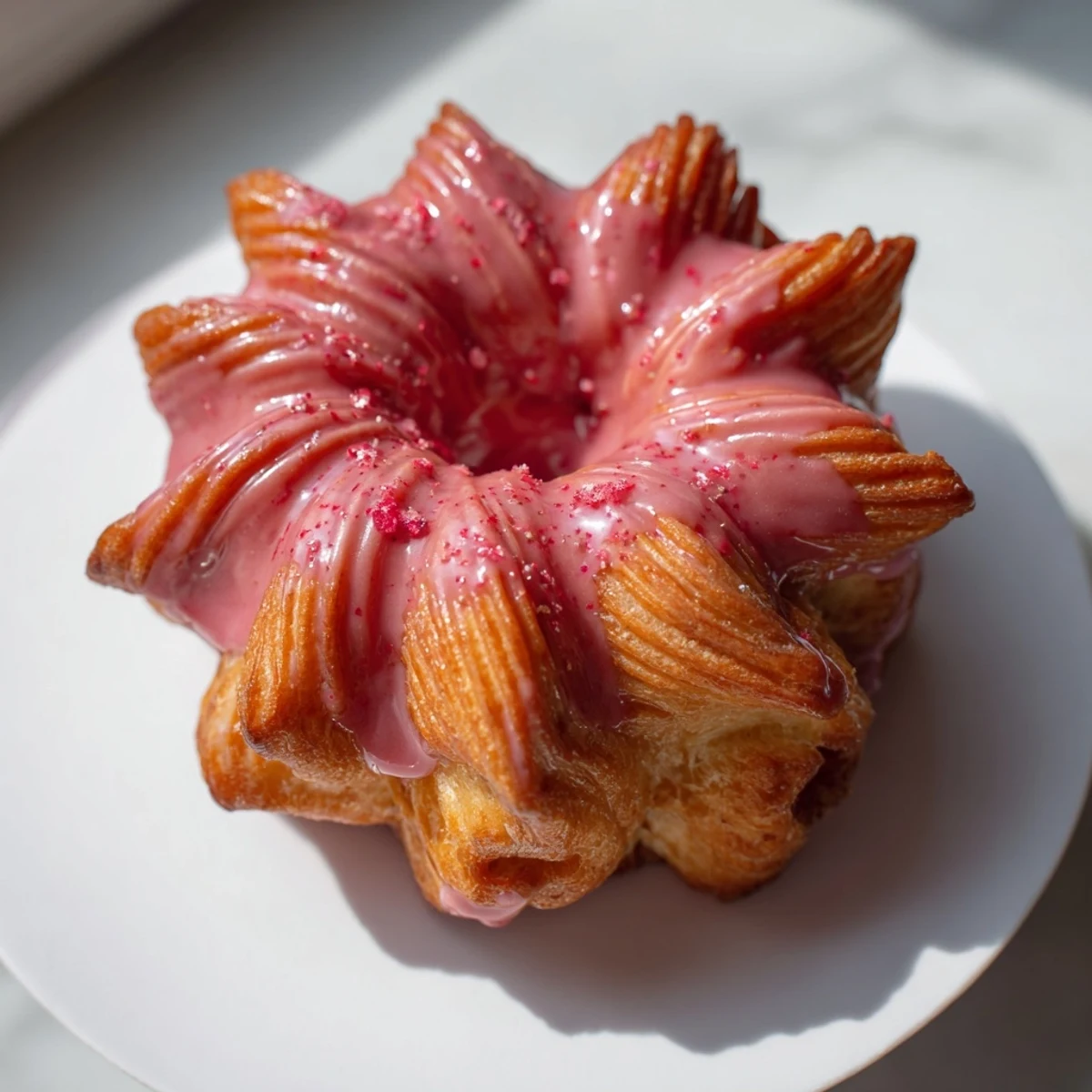 Golden strawberry glazed French crullers with glossy pink icing on a wire rack