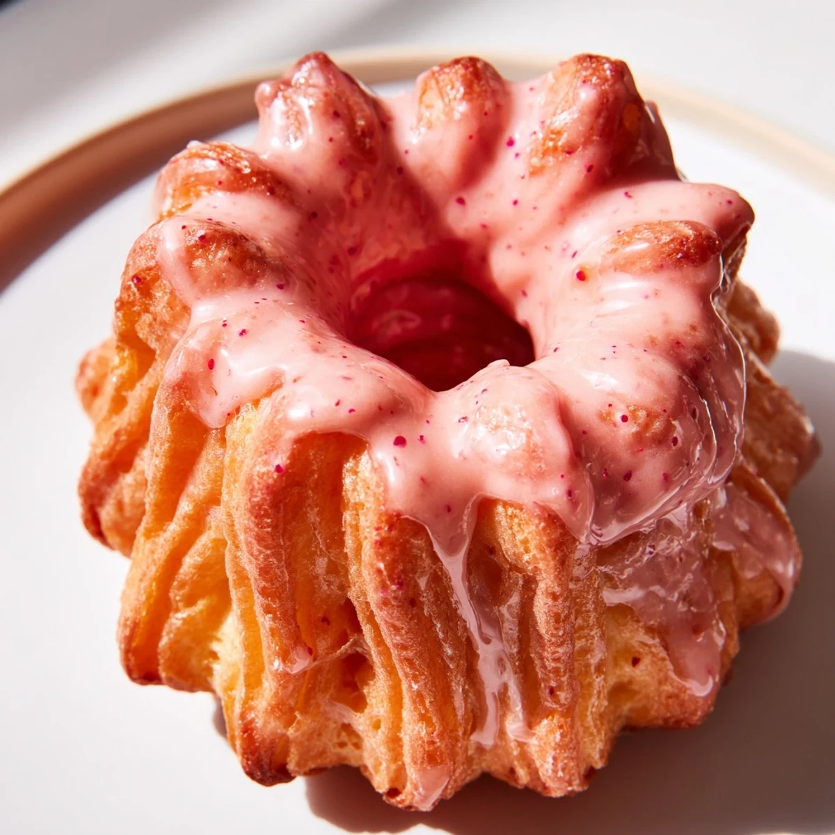 Crispy piped strawberry glazed French crullers drizzled with vibrant berry glazeClose-up of strawberry glazed French crullers stacked on a pastel dessert plate
