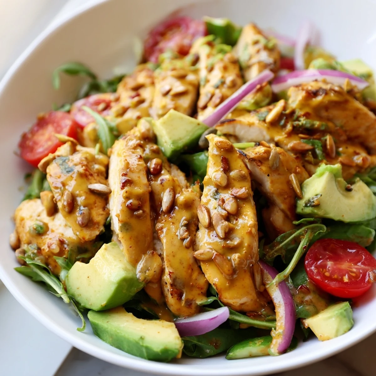 Creamy honey mustard chicken salad drizzled with golden dressing over crisp mixed greens