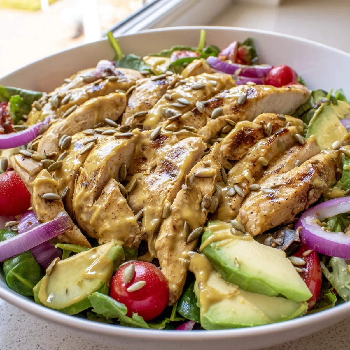 Sliced juicy chicken nestled among ripe avocado and bright cherry tomatoes with honey mustard dressing