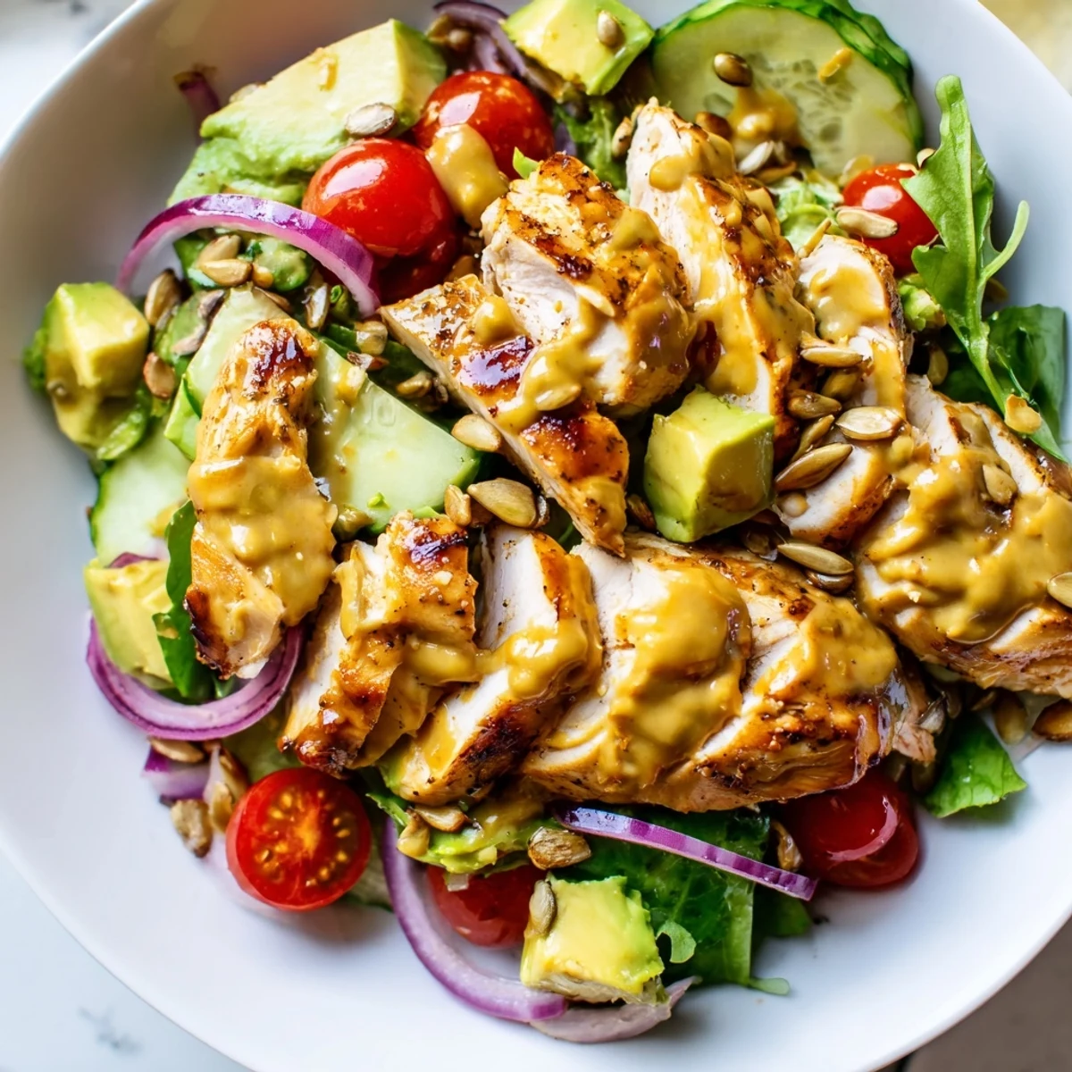 Warm seasoned chicken resting on a bed of arugula and spinach smothered in honey mustard dressing