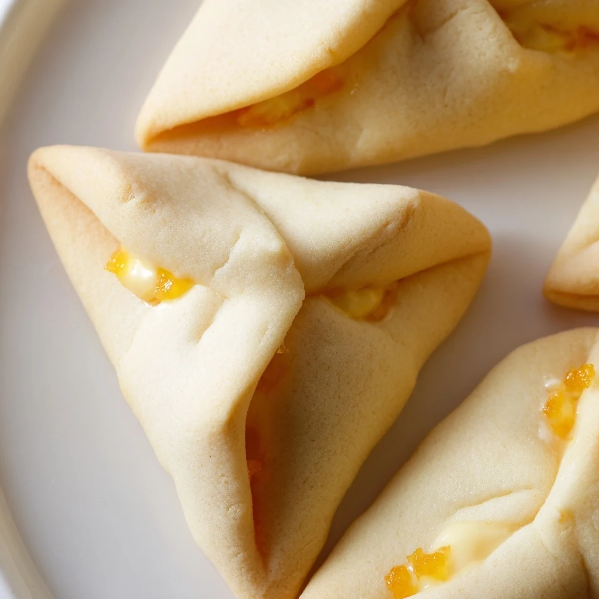 Creamsicle Hamentaschen with pinched triangular edges on a parchment-lined baking sheet