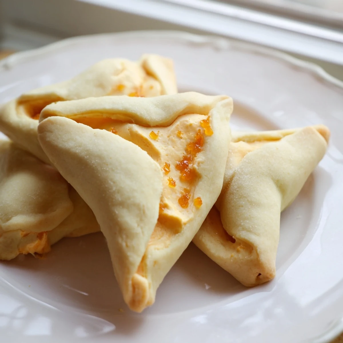 Golden Creamsicle Hamentaschen fresh from the oven with creamy orange filling