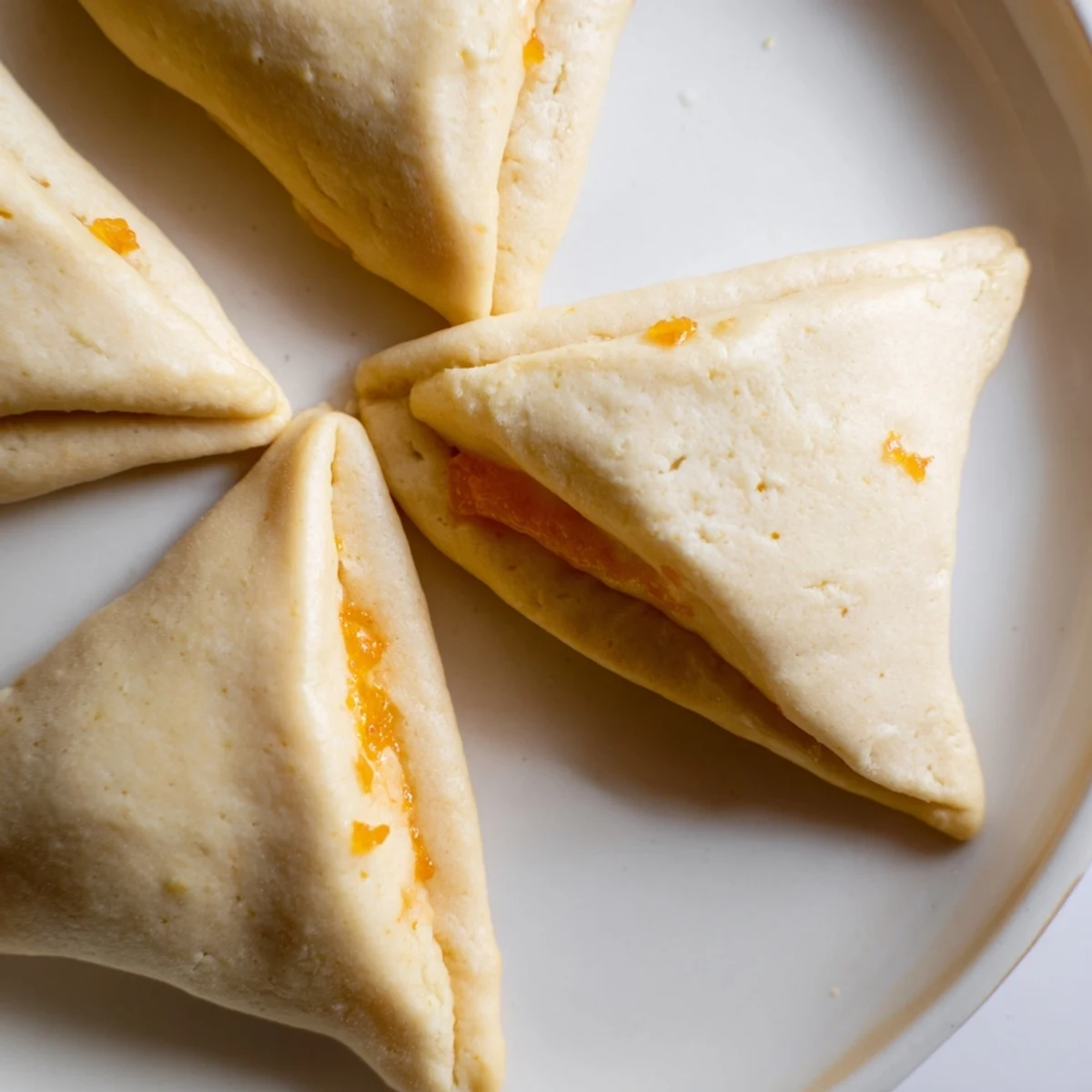 Close-up of Creamsicle Hamentaschen showcasing smooth vanilla-orange dough and vibrant citrus center