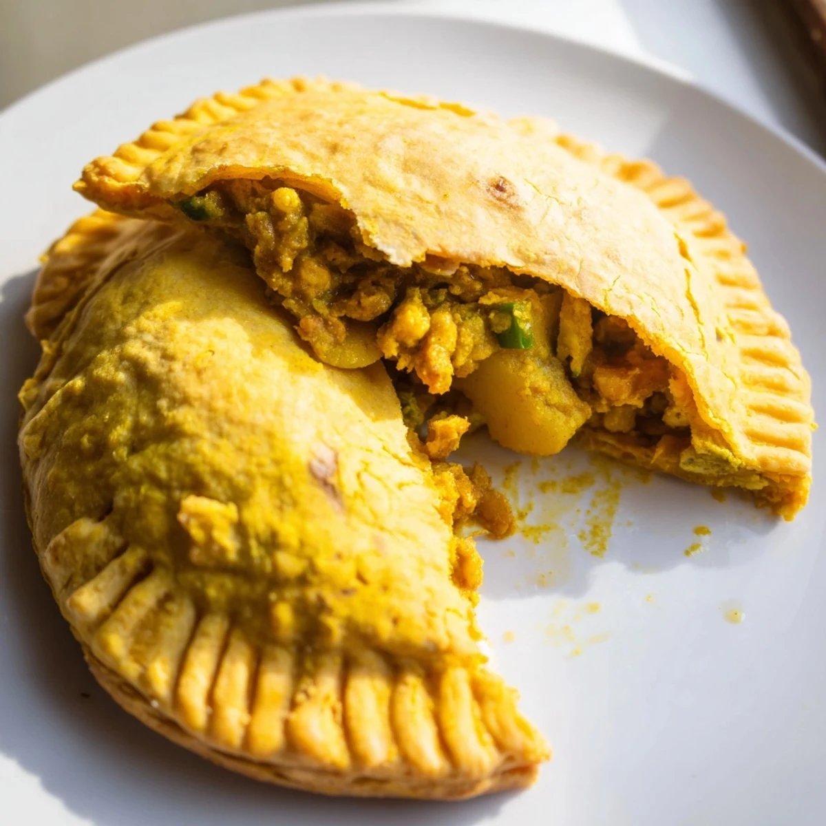 Steaming Jamaican curry chicken patties on a rustic plate with mango chutney