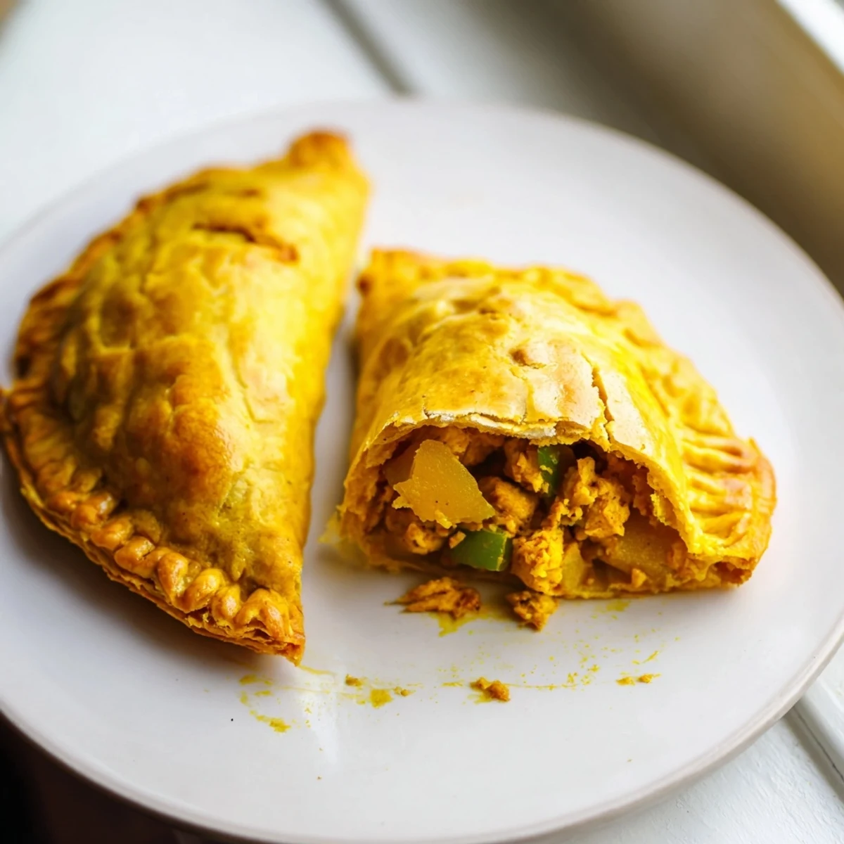 Crispy half-moon Jamaican curry chicken patties filled with warmly spiced aromatic filling