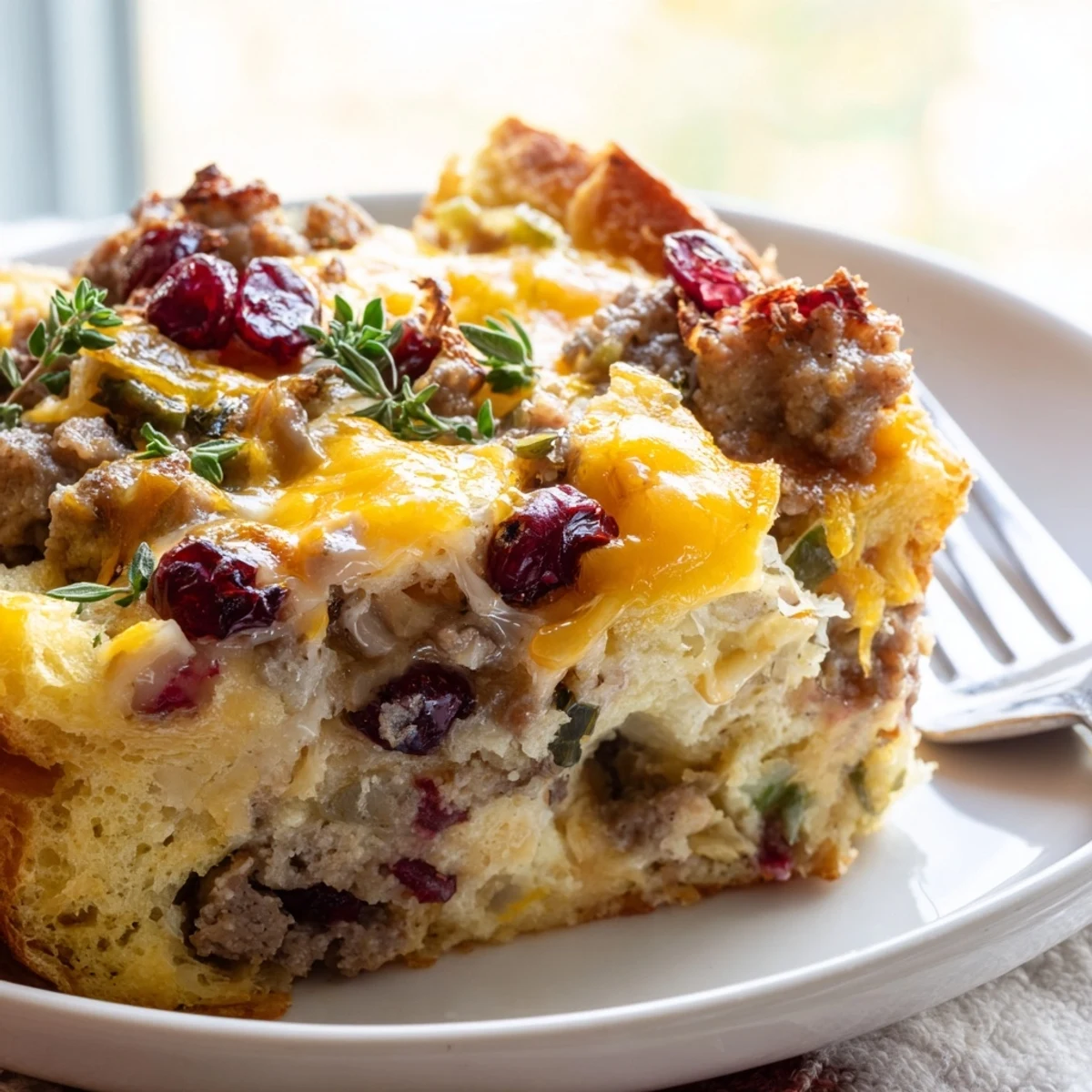 Golden baked cranberry sausage stuffing breakfast casserole with melted cheddar and fresh herbs