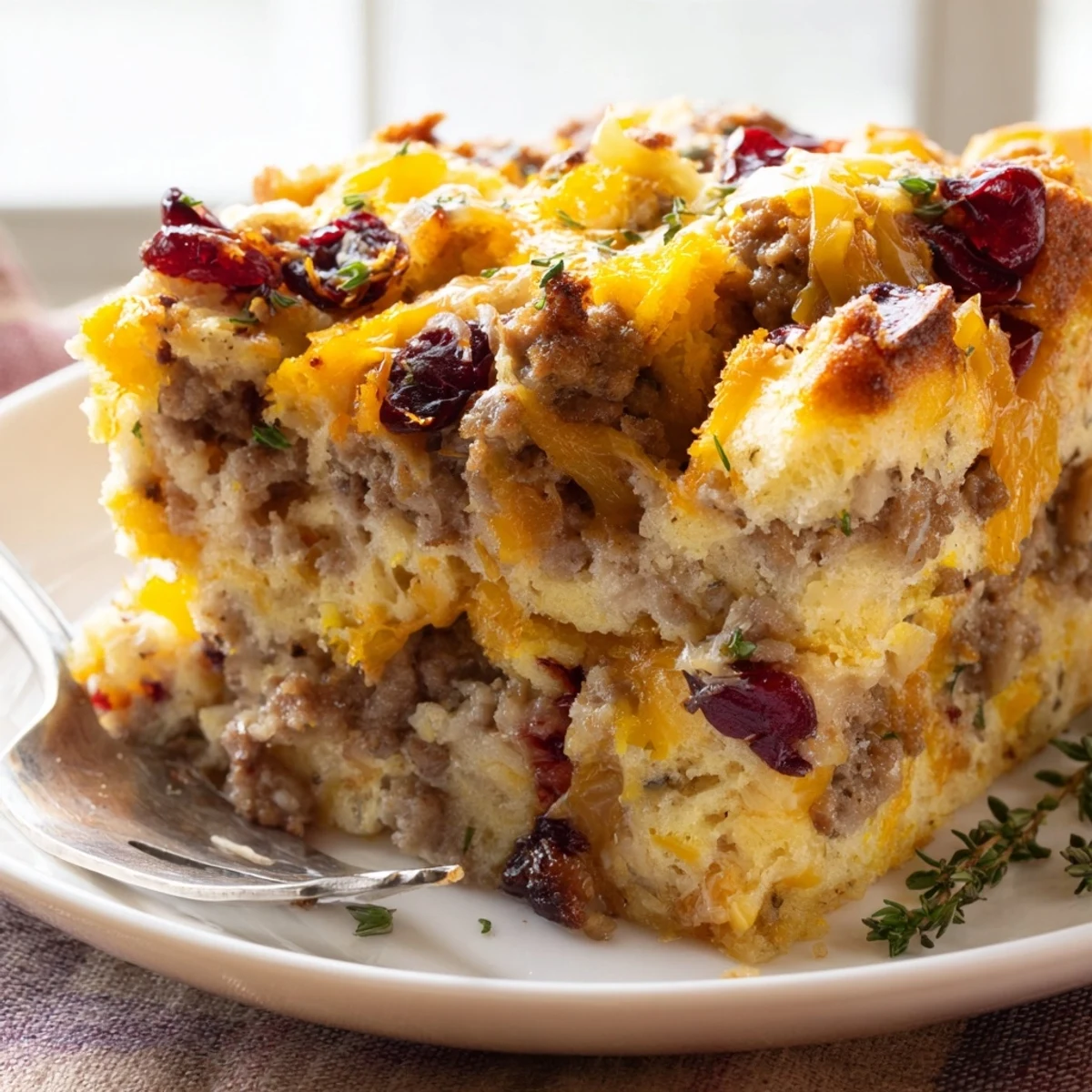 Creamy cranberry sausage stuffing breakfast casserole served warm in a rustic baking dish