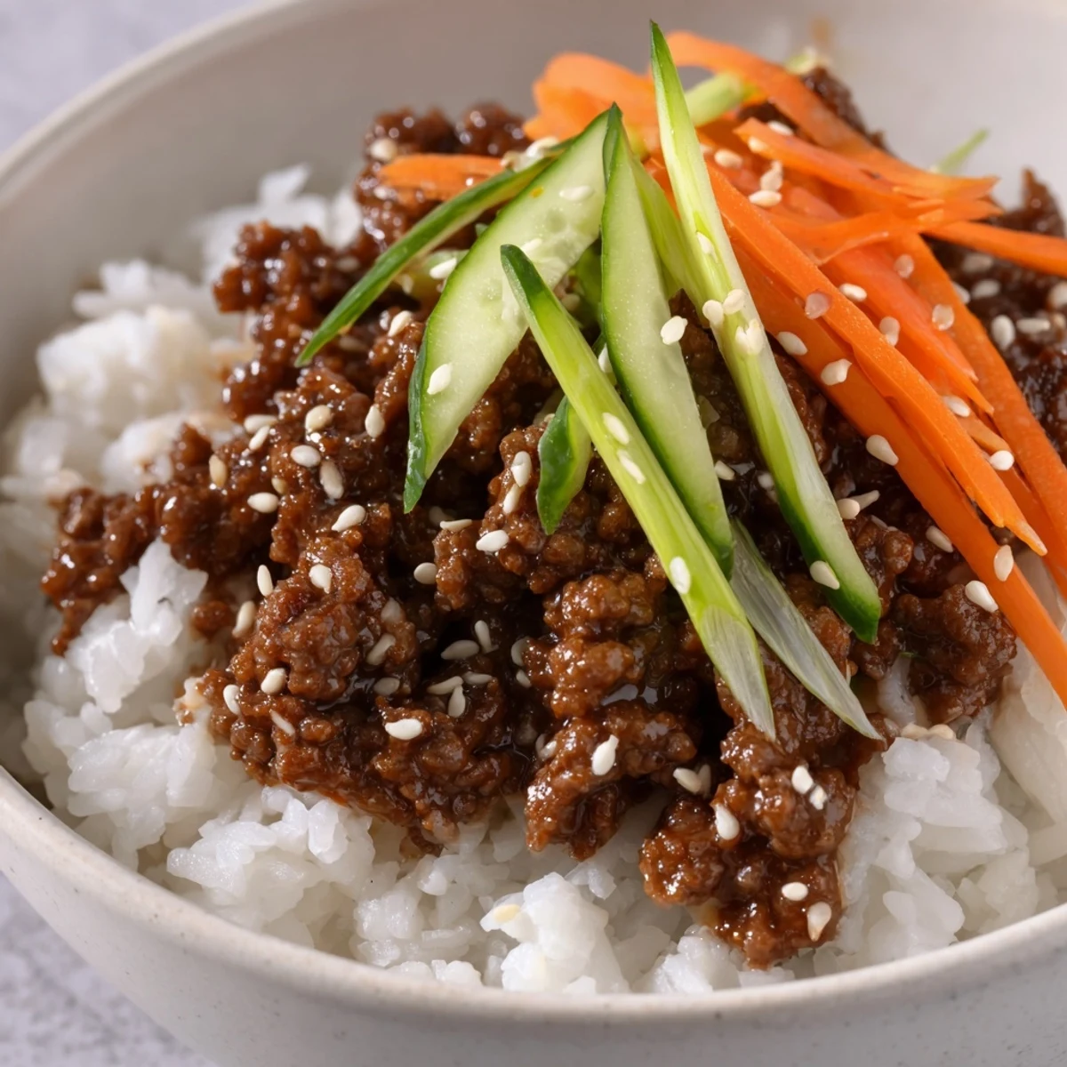 Glistening Korean ground beef bowl topped with sesame seeds and crisp vegetables