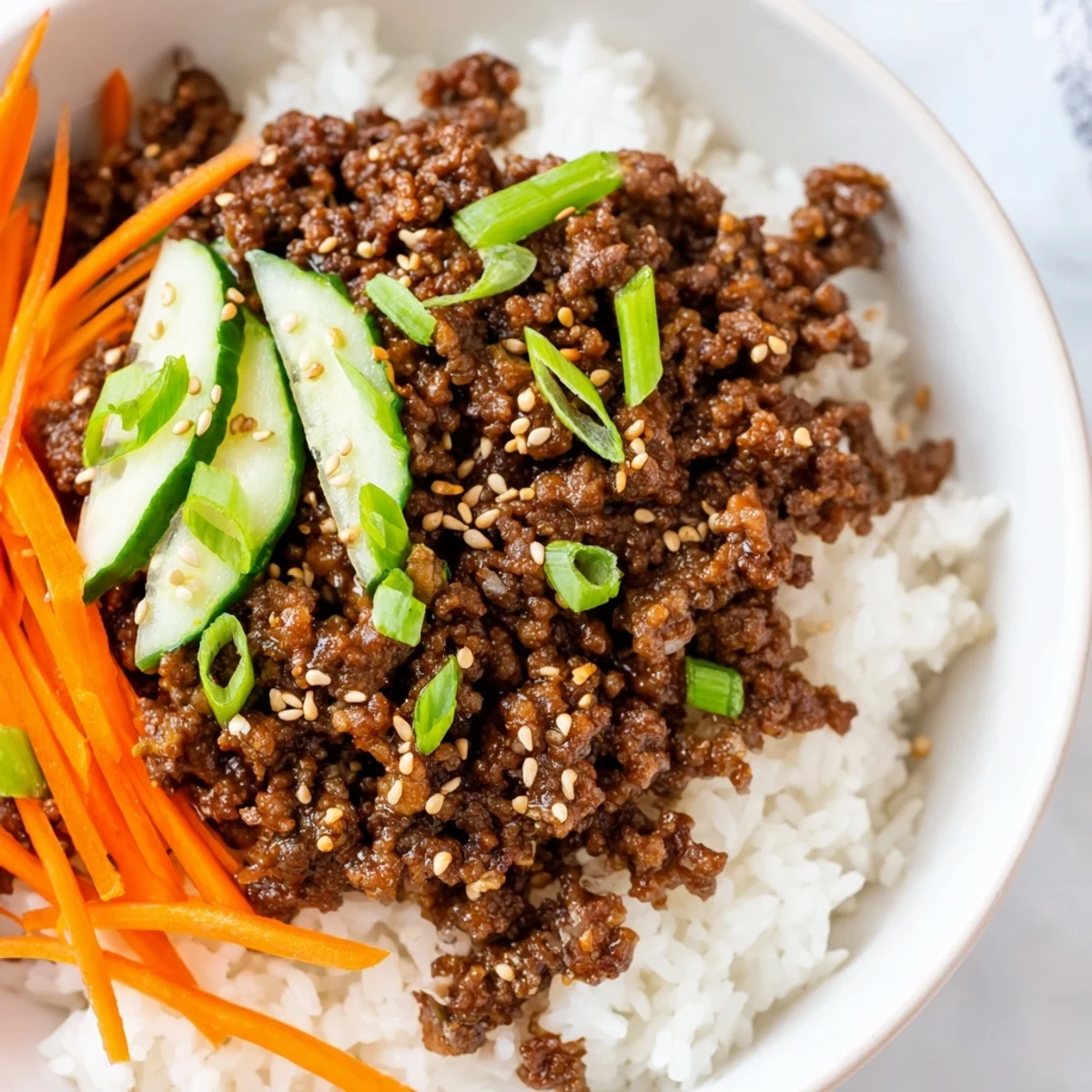 Savory Korean ground beef bowl served over fluffy rice with fresh cucumber and carrots