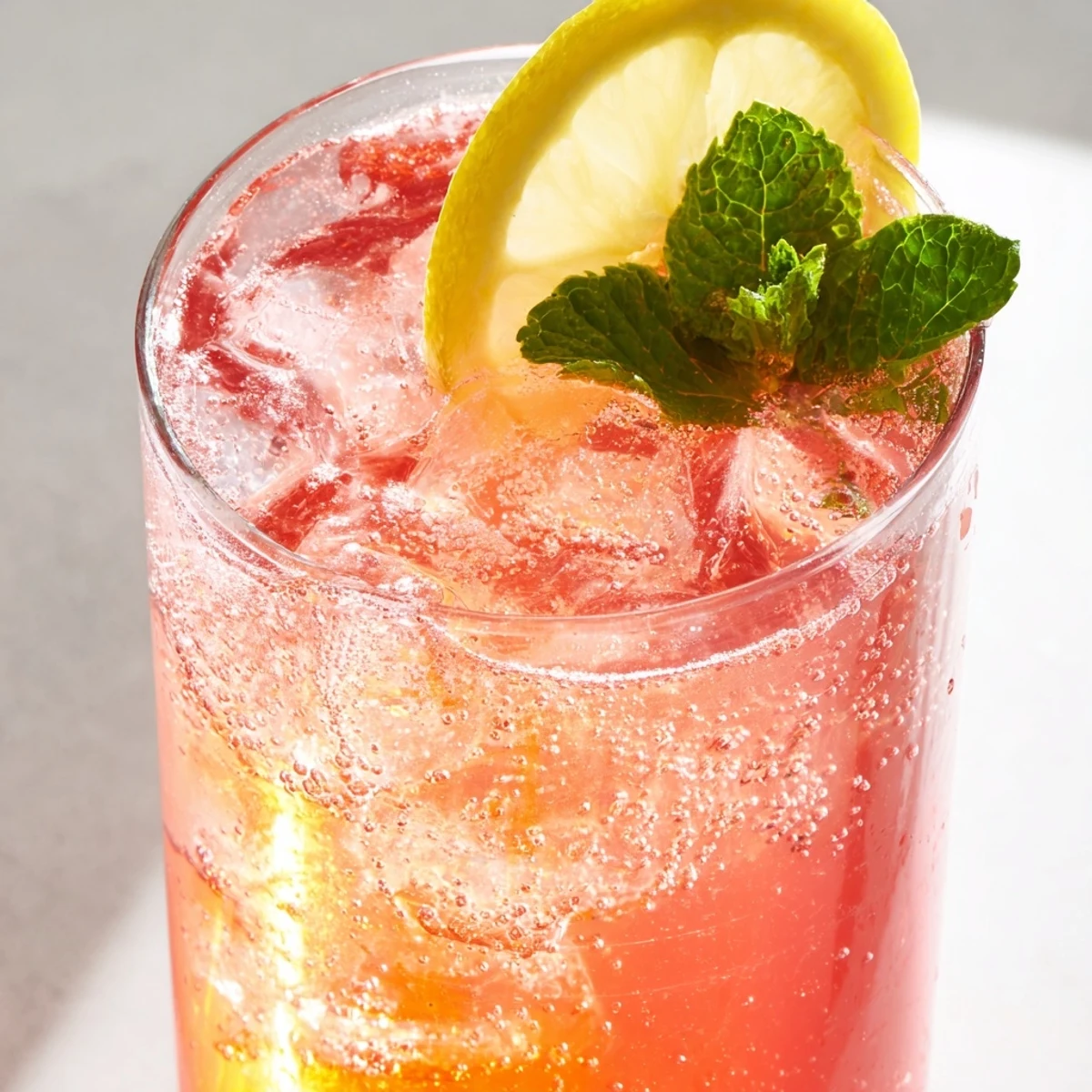 A chilled honey lemon pink soda in a glass garnished with fresh mint leaves