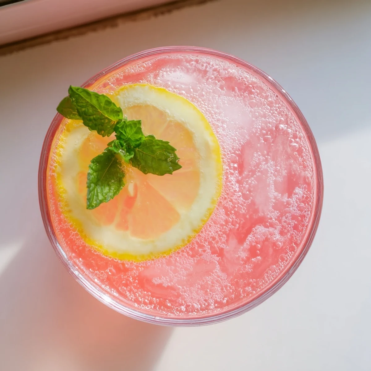 Sparkling honey lemon pink soda poured over ice with bright lemon slices