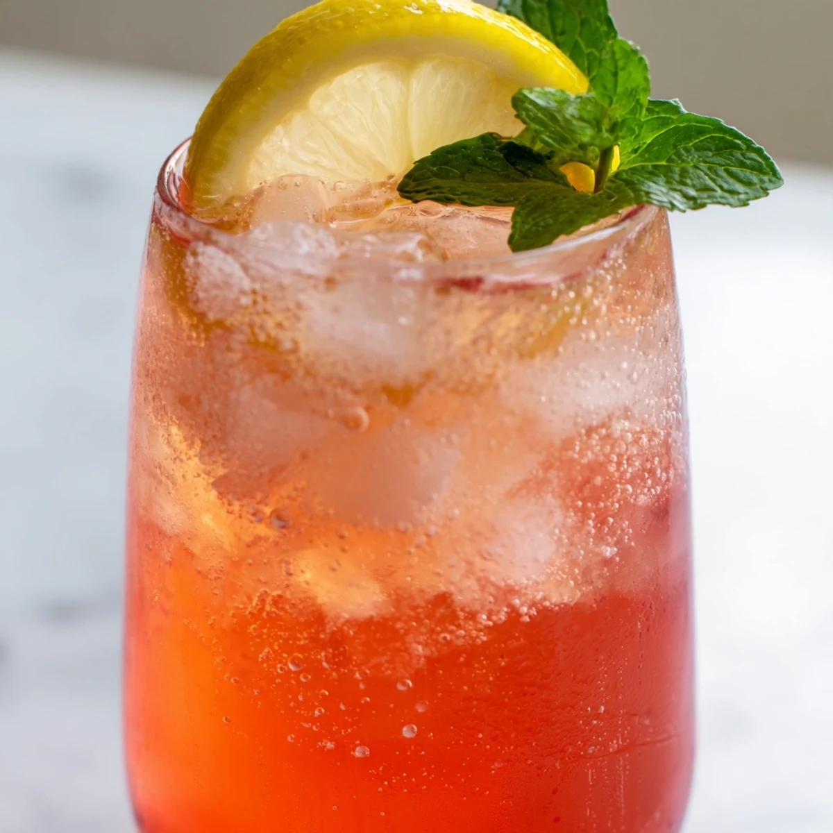 A tall glass of honey lemon pink soda bubbling with grapefruit and grenadine