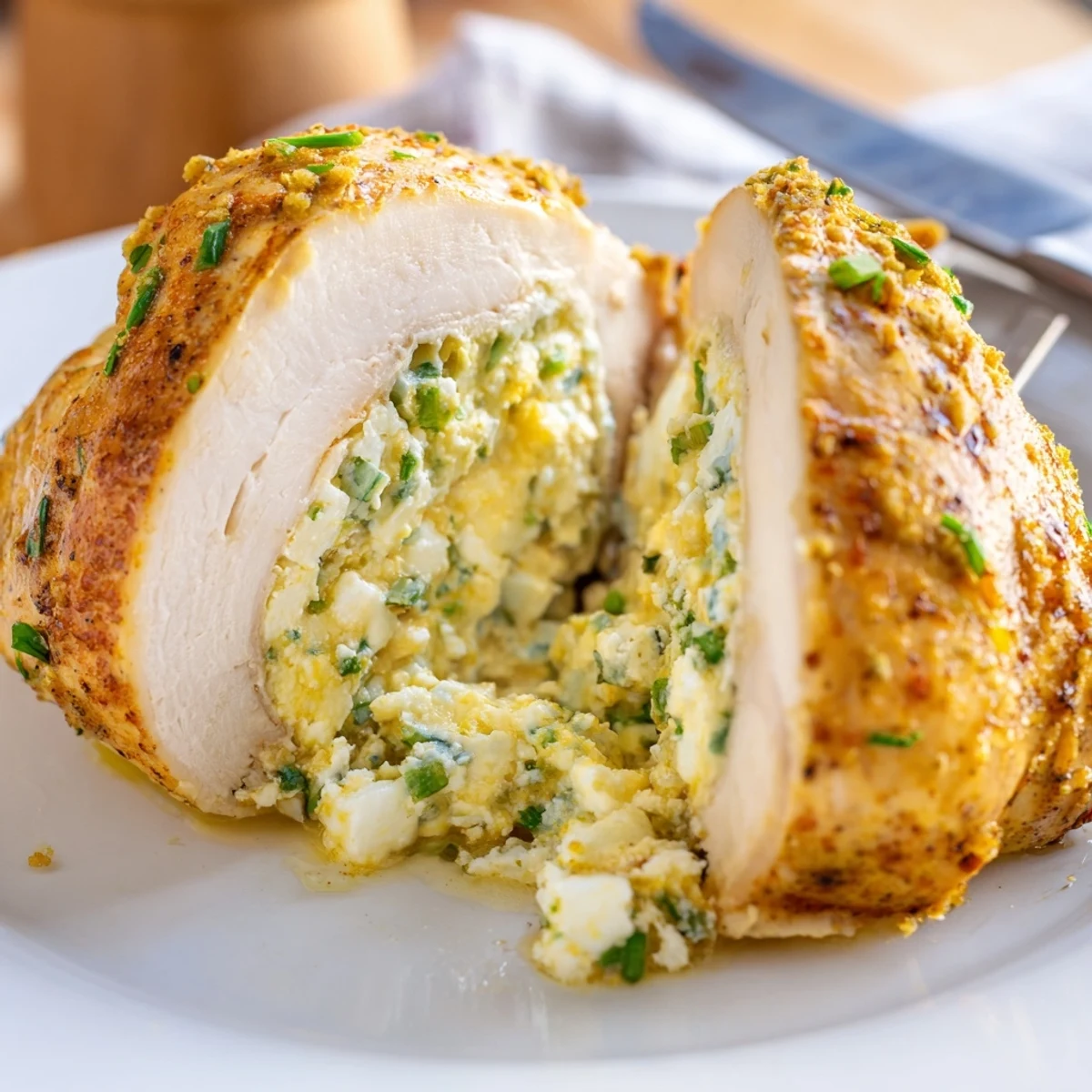 Golden goat cheese chicken breasts stuffed with herbed filling on a rustic baking dish