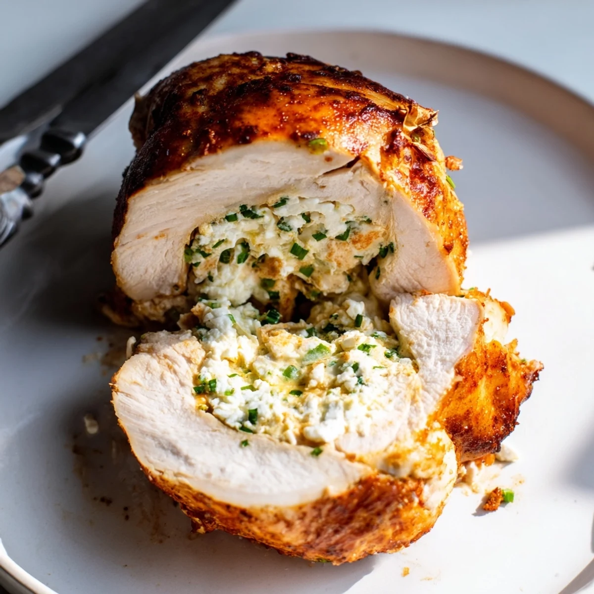 Creamy goat cheese oozes from tender baked chicken topped with fresh chopped chives