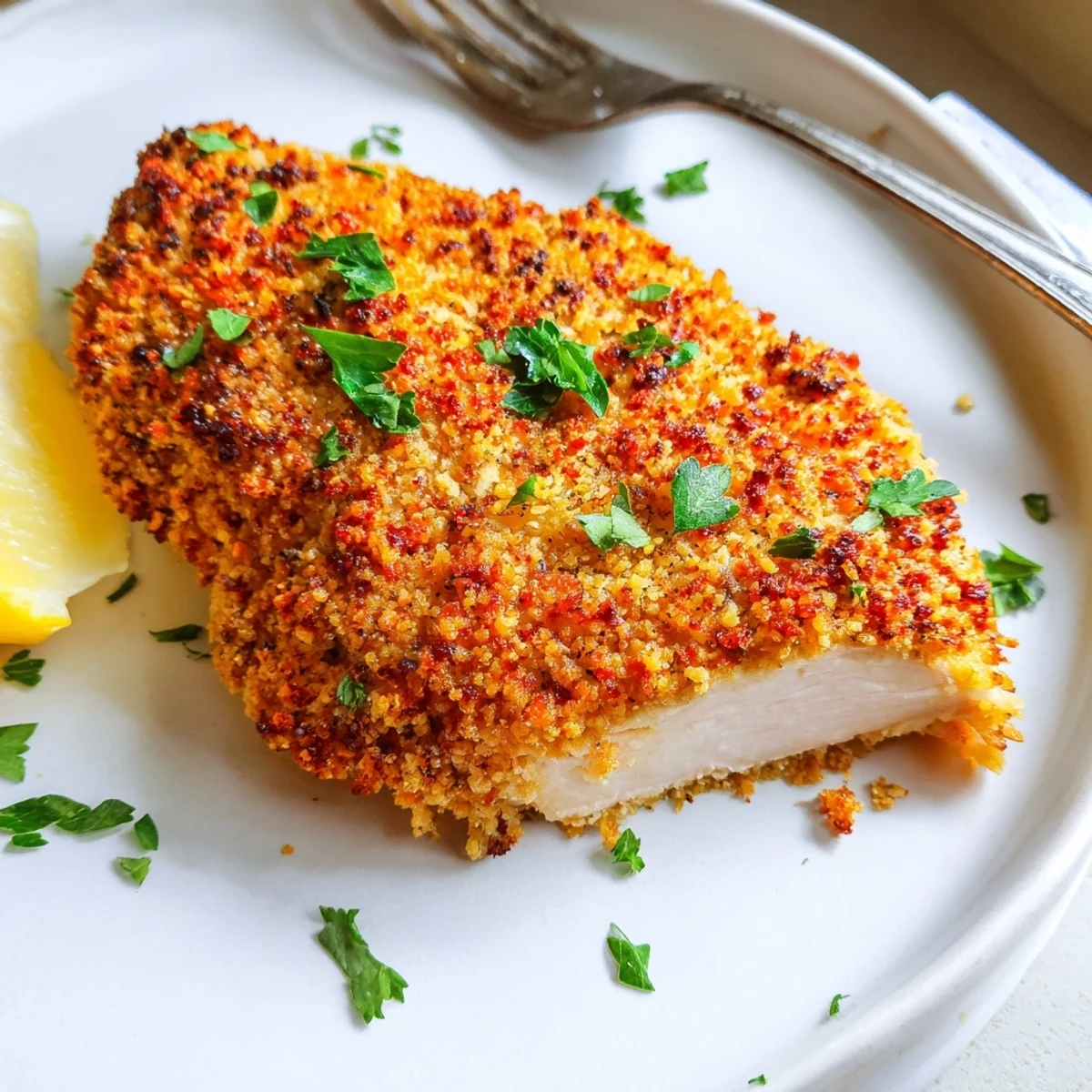 Golden baked Paprika Parmesan Chicken with a crispy herb-crusted topping on a rustic baking sheet