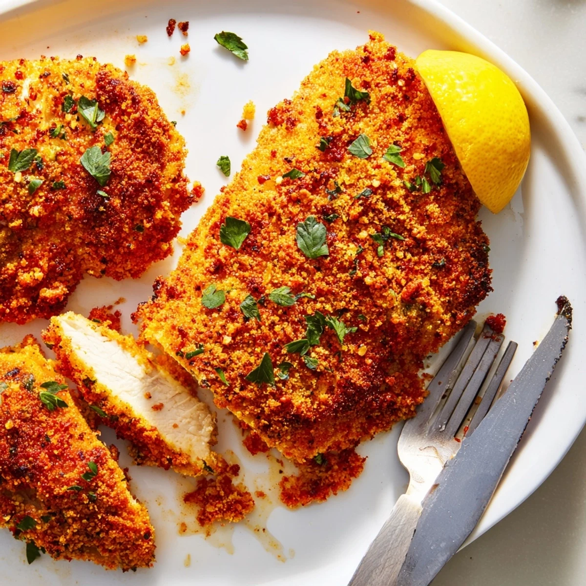 Juicy Paprika Parmesan Chicken sliced open revealing tender meat beneath a smoky golden cheese crust