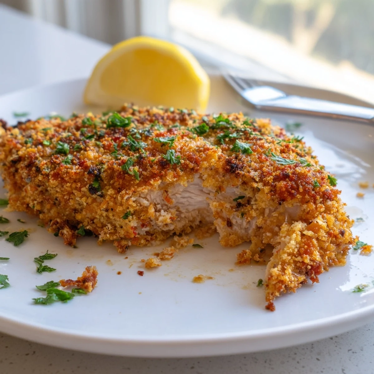 Crispy Paprika Parmesan Chicken breasts garnished with fresh parsley and served alongside bright lemon wedges