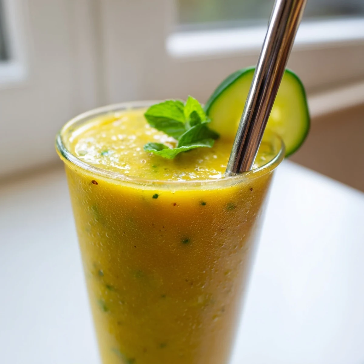 Tropical mango cucumber smoothie blended until creamy and served over crushed ice