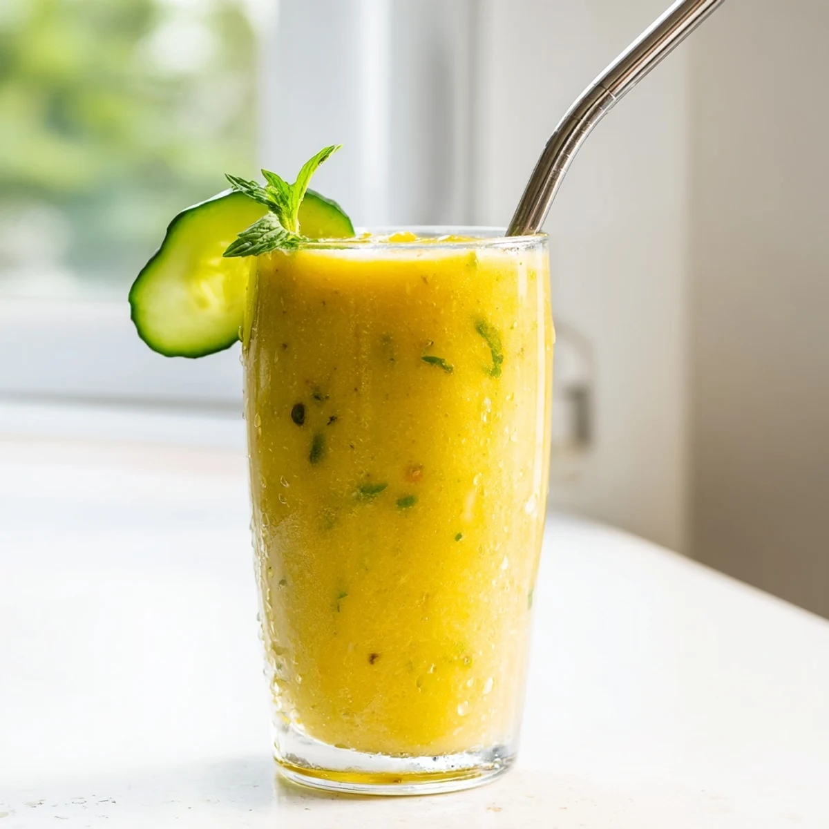 A vibrant mango cucumber smoothie poured into a glass with fresh mint garnish