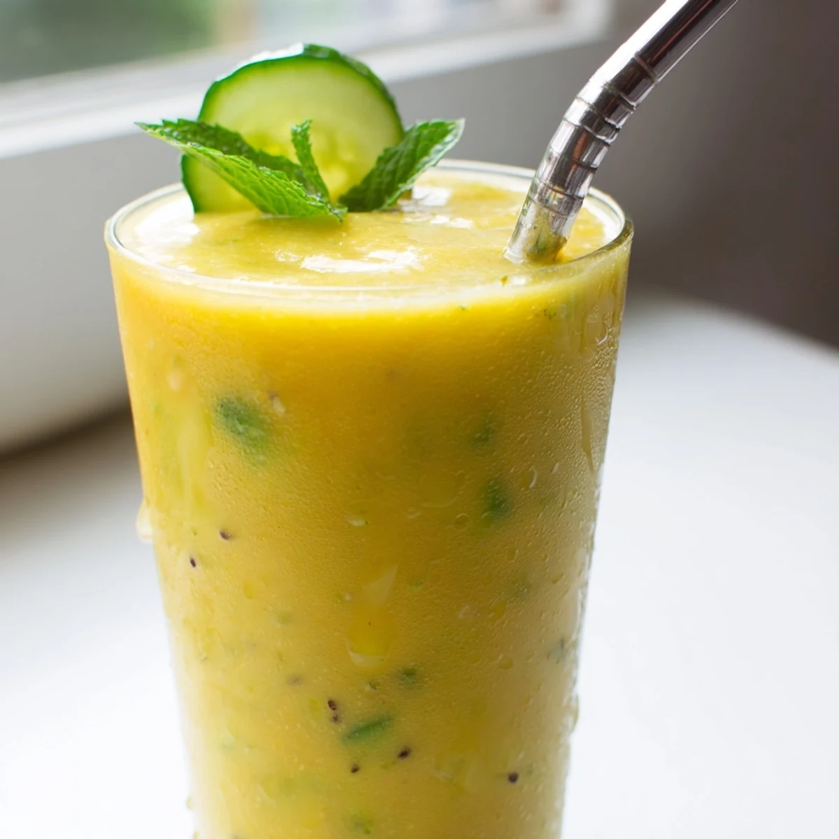 Bright yellow mango cucumber smoothie topped with a thin cucumber slice and lime wedge