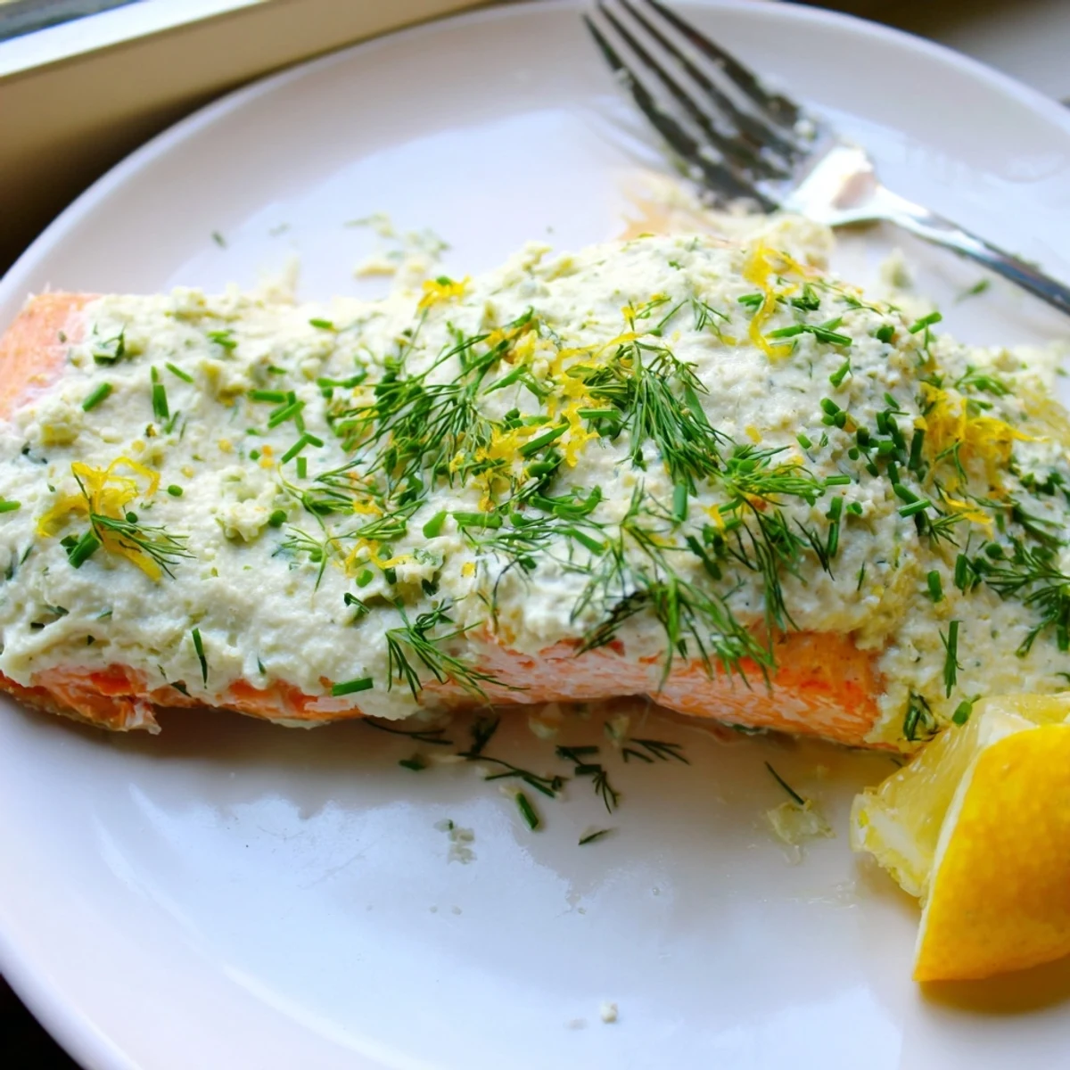 Creamy Boursin salmon fillets baked golden with fresh herbs and lemon zest