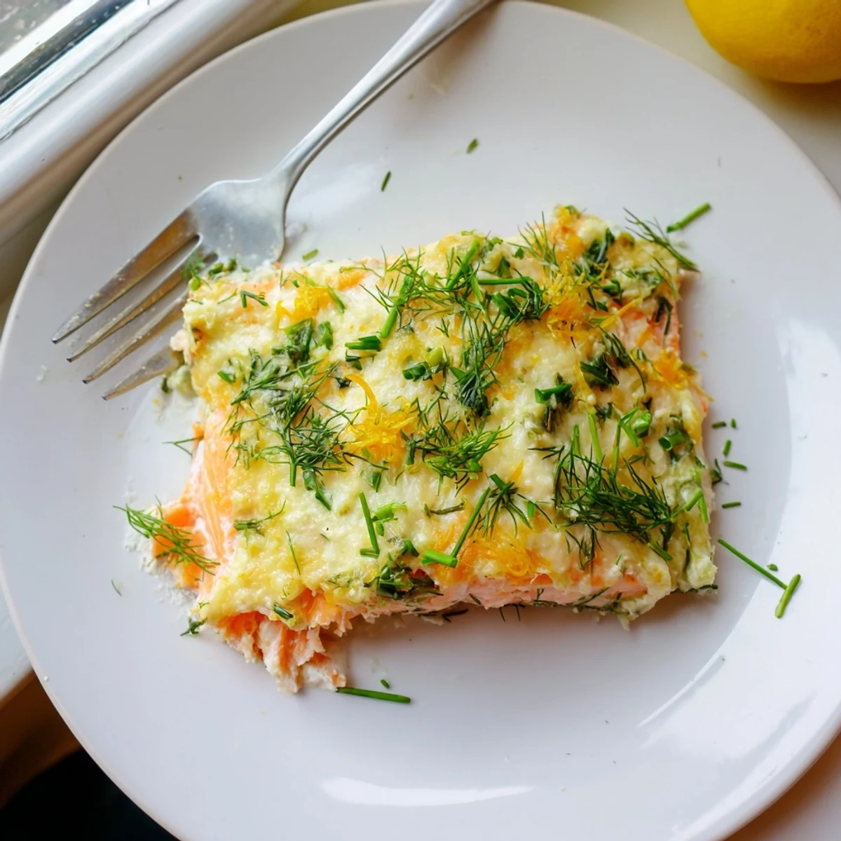 Golden-crusted Boursin salmon garnished with chives and served alongside bright lemon wedges