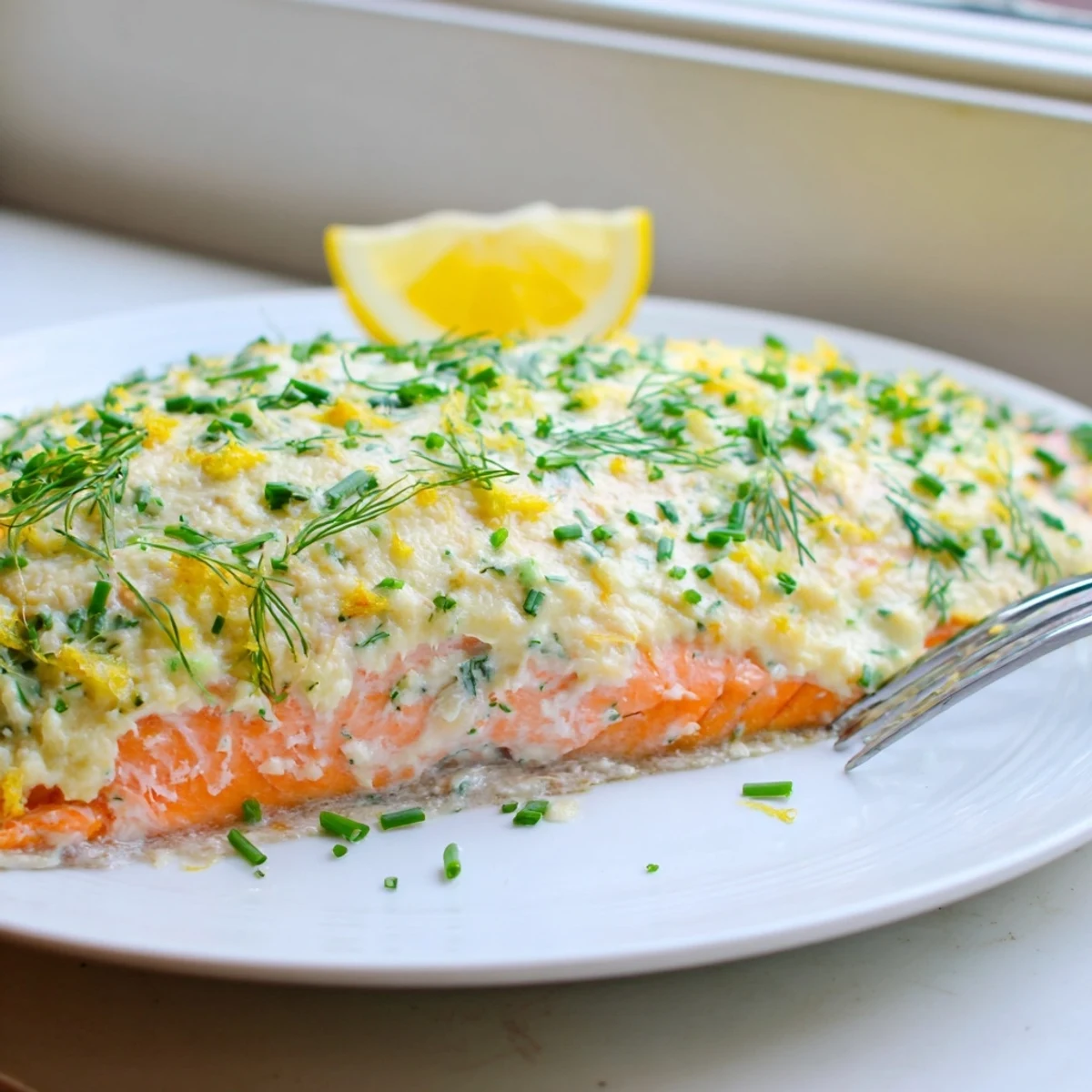 Tender baked Boursin salmon topped with melted herb cheese on a parchment-lined tray