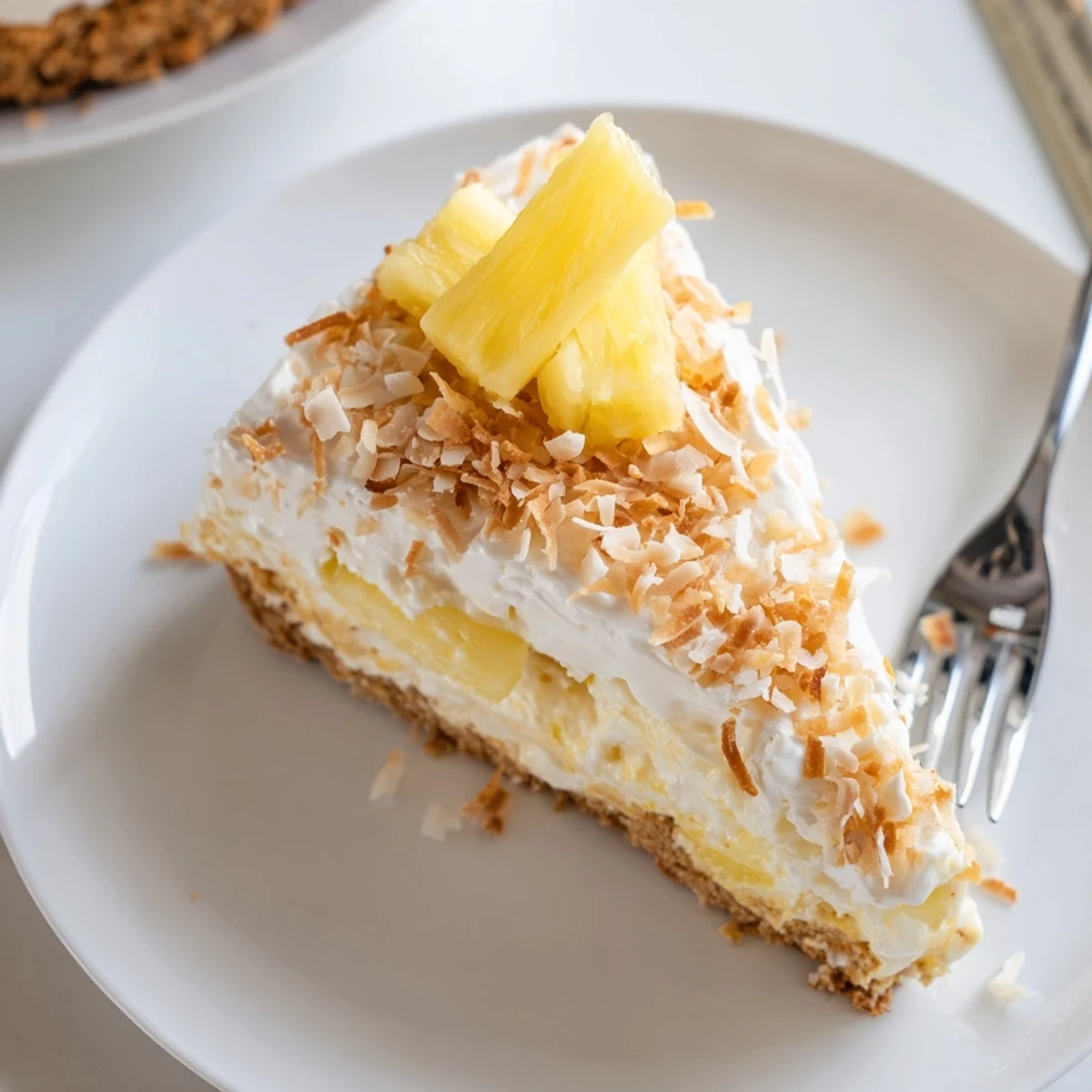 Creamy no bake pineapple coconut cream cake sliced and served on a white dessert plate