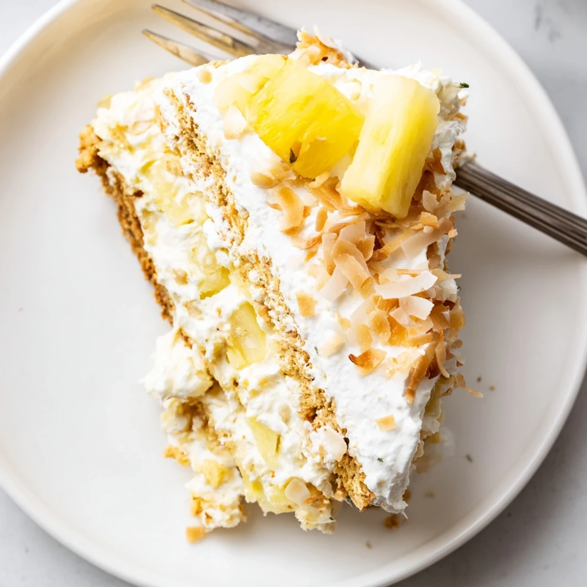 Golden toasted coconut tops a chilled no bake pineapple coconut cream cake with buttery crust
