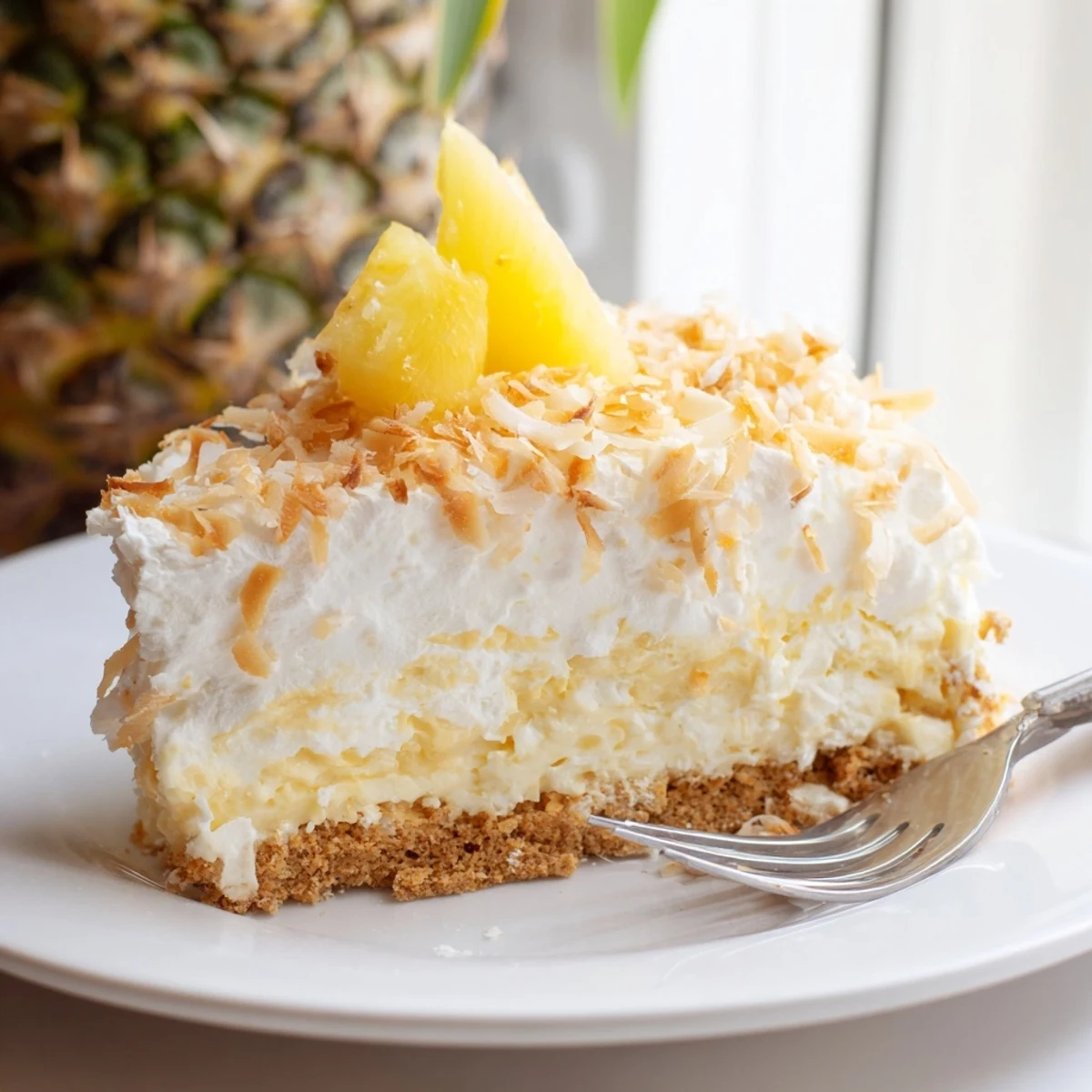 Tall slice of fluffy no bake pineapple coconut cream cake garnished with fresh pineapple chunks