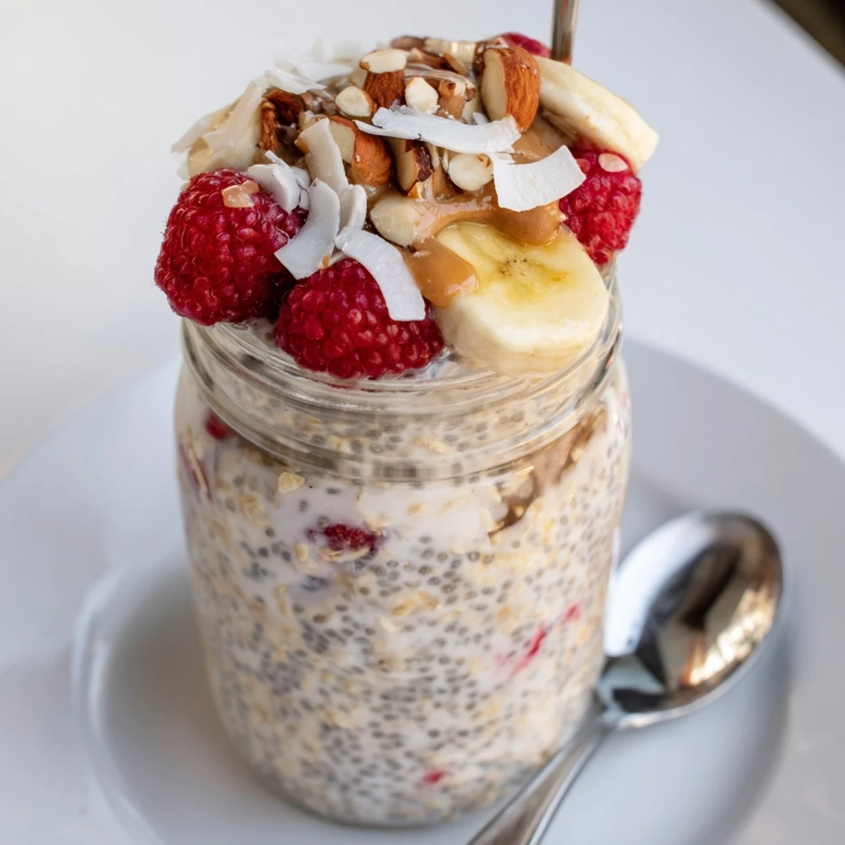 Creamy protein overnight oats topped with fresh berries in a glass jar