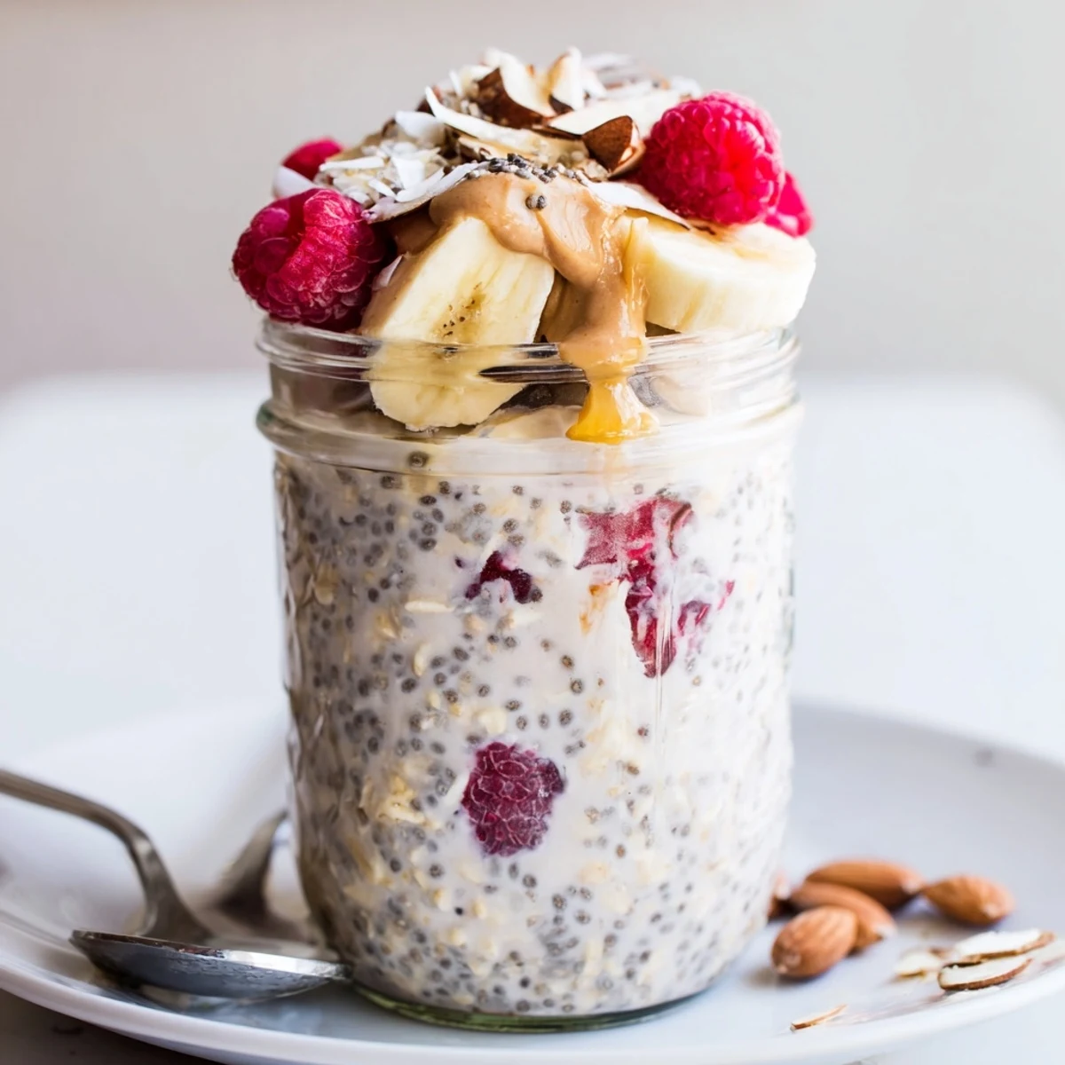 Protein overnight oats served chilled with chopped nuts and a drizzle of honey